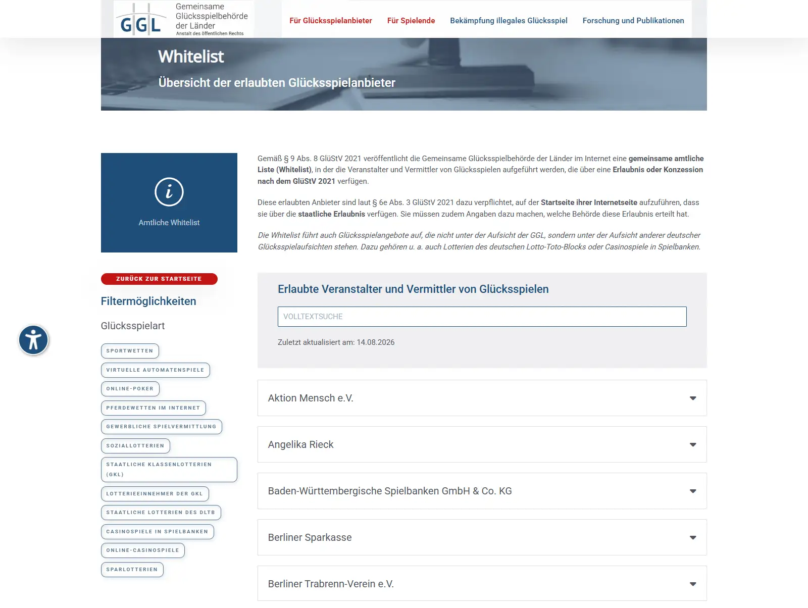 Amtliche GGL-Whitelist zur Einordnung des deutschen Erlaubnisstatus