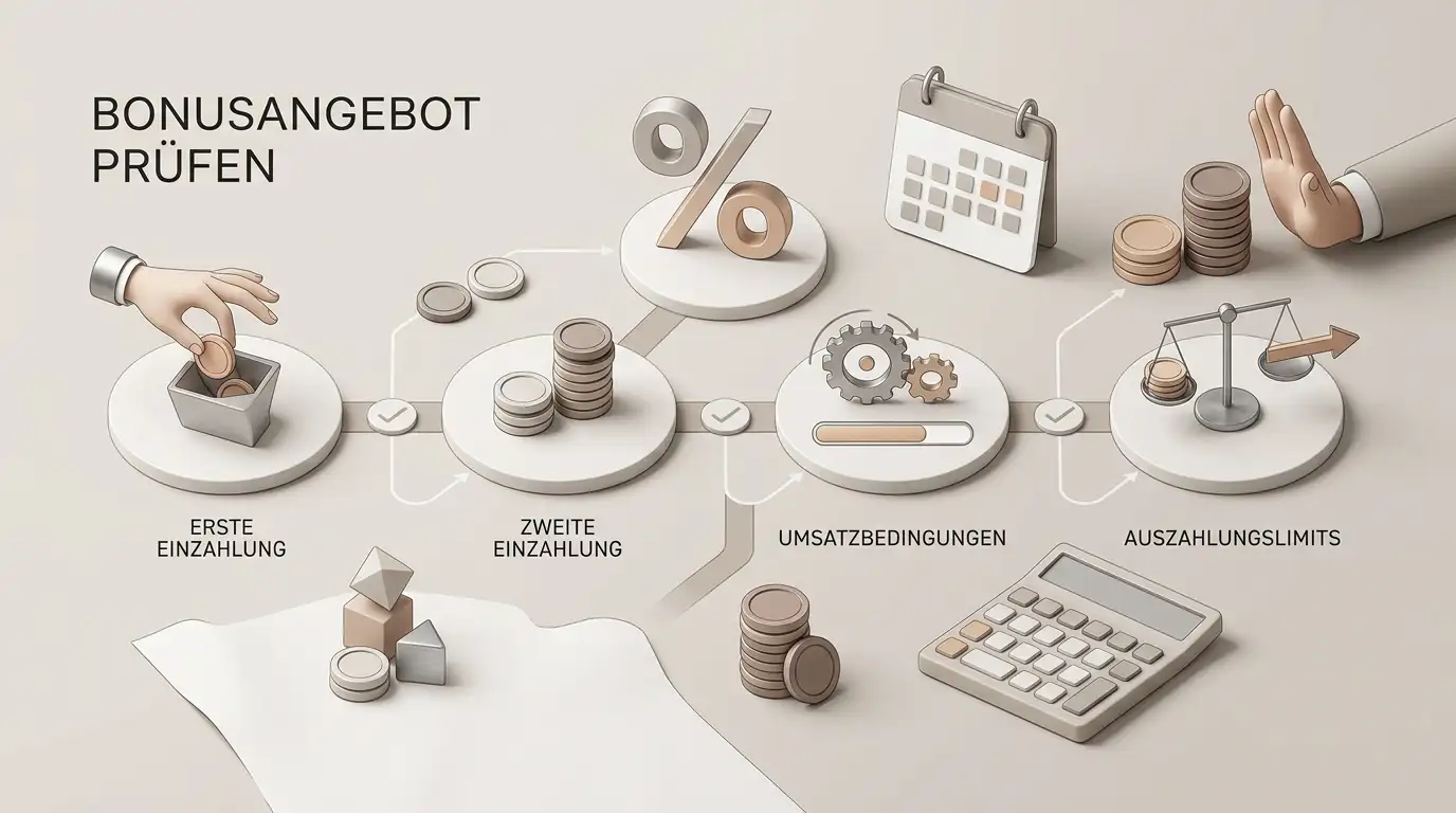 Übersicht der vier Bonusstufen mit den wichtigsten Bedingungen zu Einzahlung und Umsatz