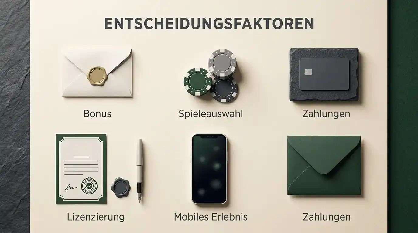 Illustrative Entscheidungsmatrix mit Bonus, Spielen, Zahlungen, Mobile und Lizenz als getrennten Prüfpunkten