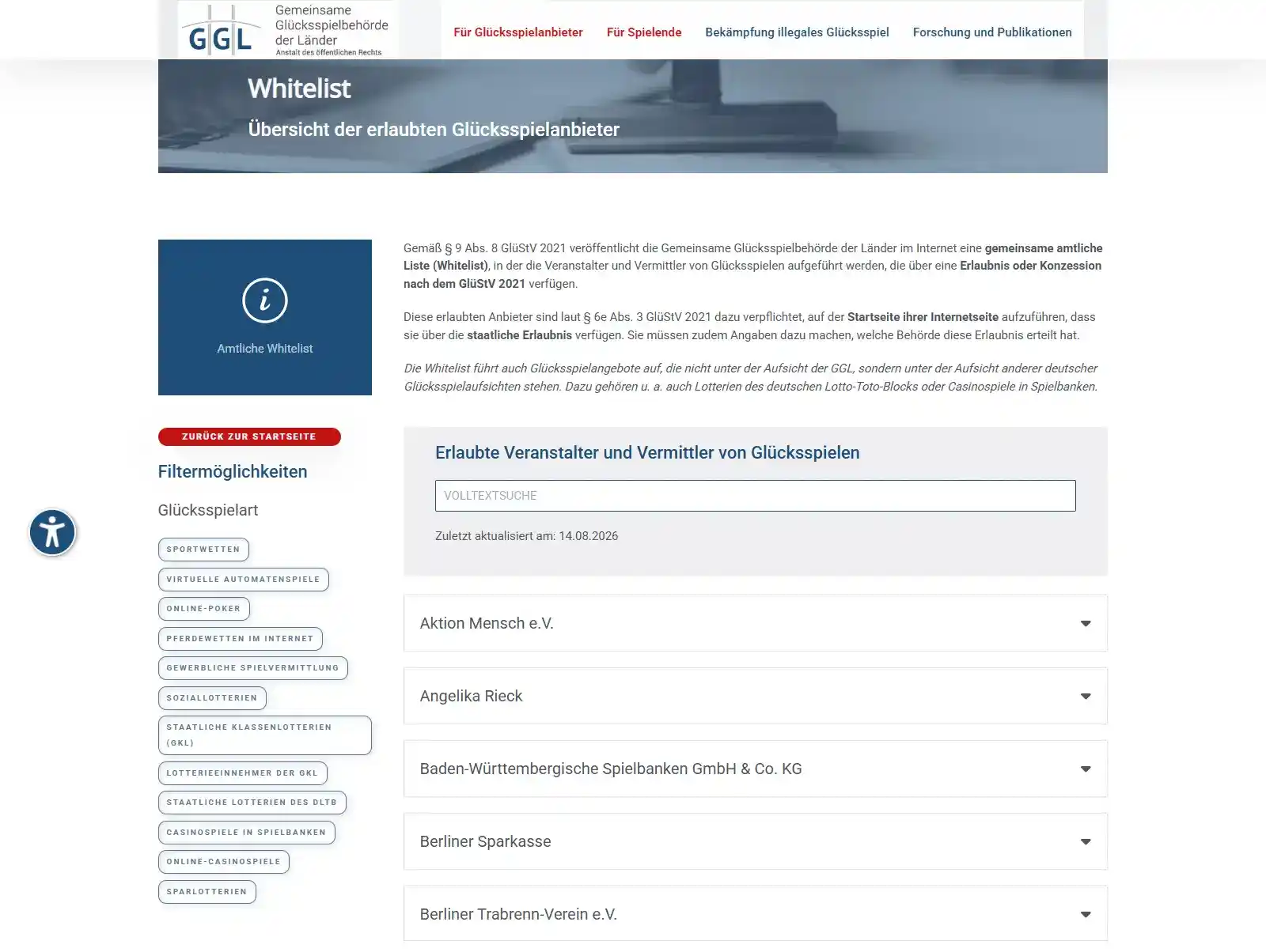Amtliche GGL-Whitelist zur Einordnung des deutschen Lizenzstatus von Pribet